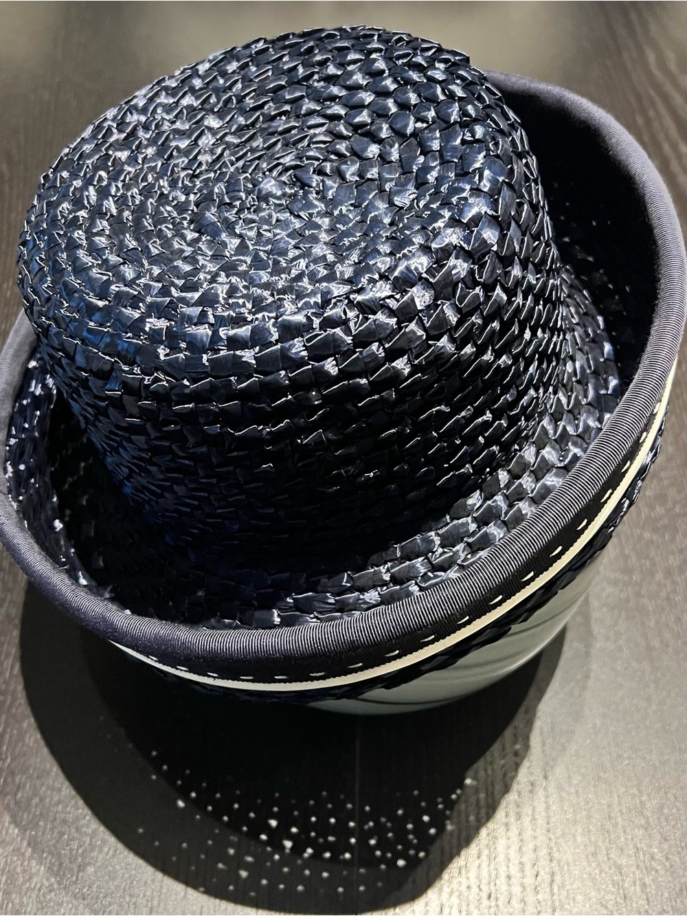 Vintage Navy and White Woven Straw Hat